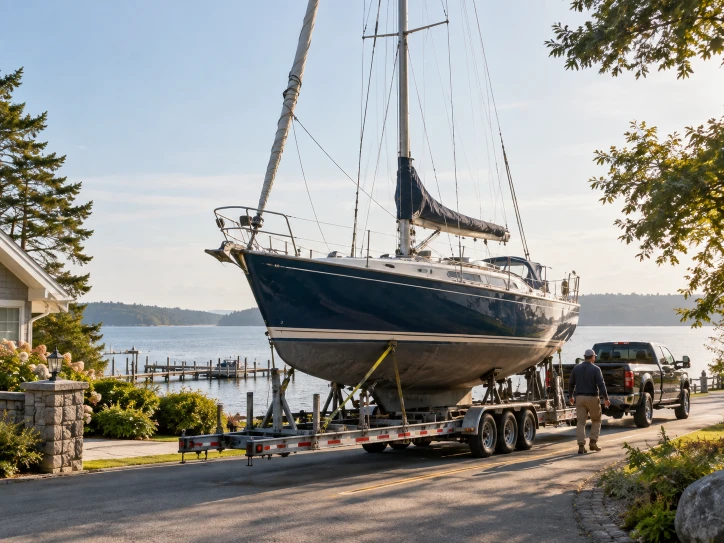 Blue-hulled sailboat with its mast raised on a trailer along a waterfront street