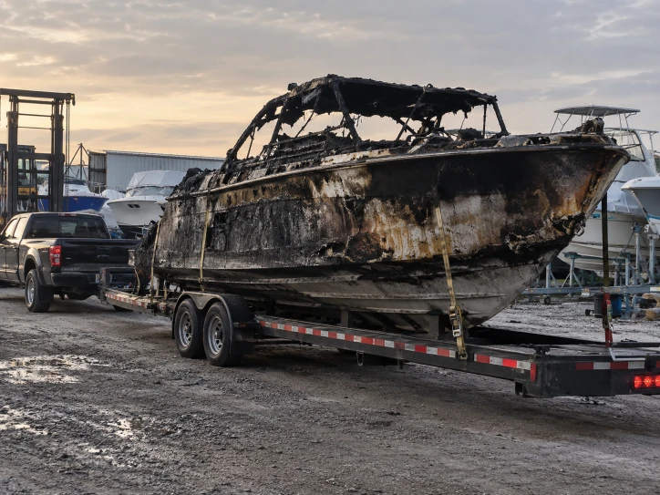 Charred cabin boat secured to a flatbed trailer in a boatyard