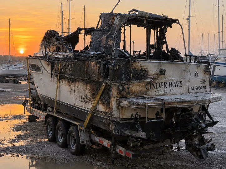Rear view of a burned cabin cruiser on a trailer beneath an orange evening sky