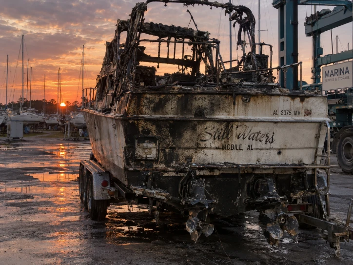 Blackened cabin frame and scorched stern of a boat on a marina trailer
