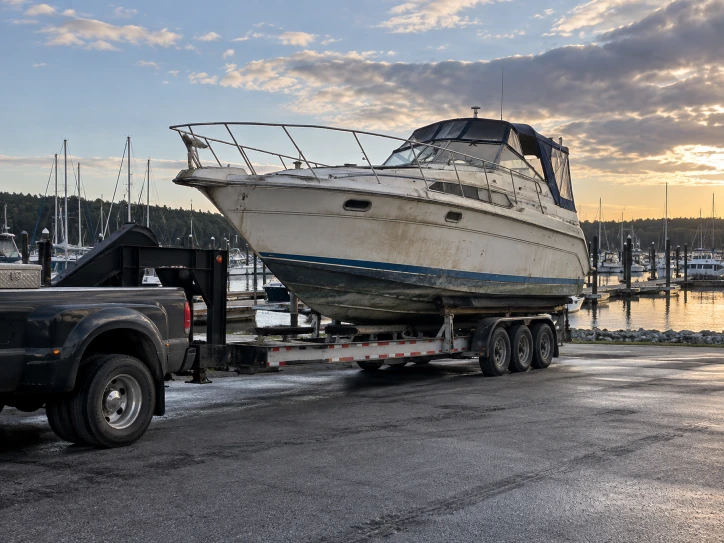 White cabin cruiser secured on a three-axle trailer beside marina berths