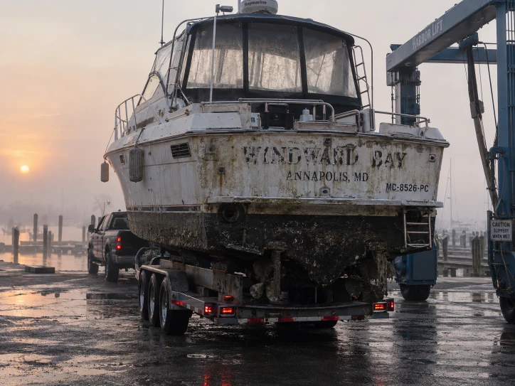 Weathered cruiser stern above a transport trailer on misty marina pavement