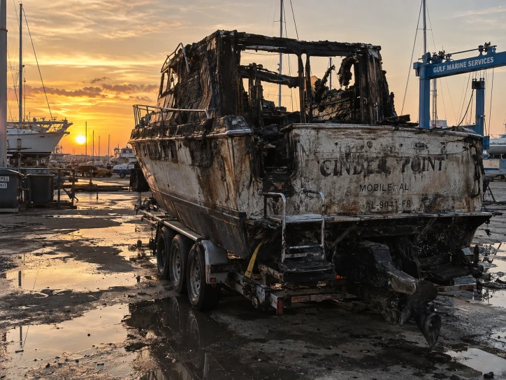 Burned cruiser stern and exposed cabin framework on a trailer at sunset