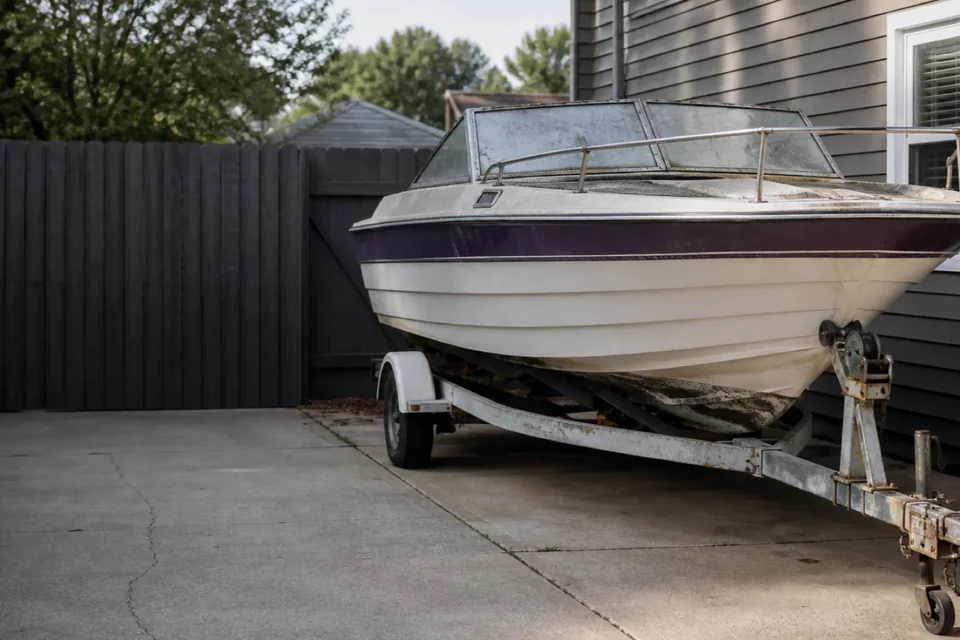 Cream-colored boat and trailer parked between a house and fence