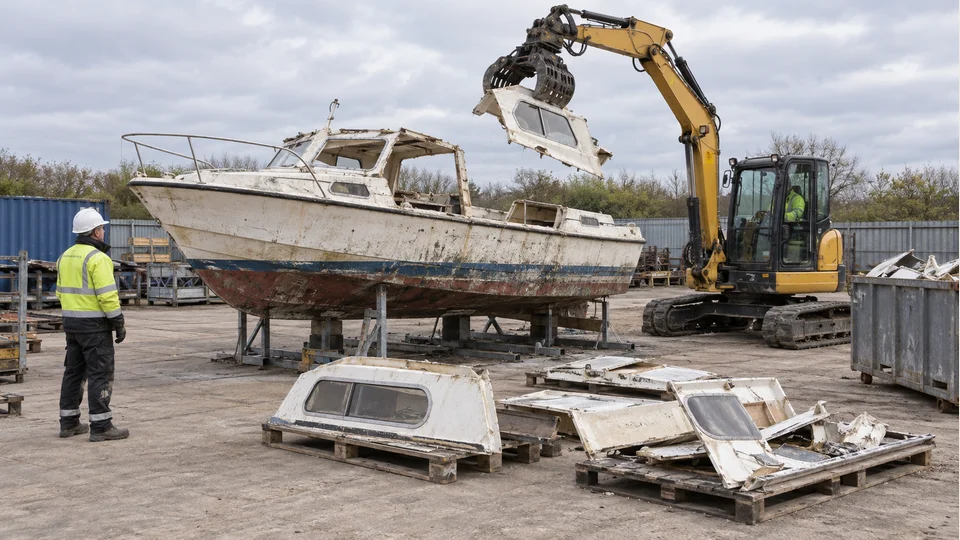 Excavator lifting a cabin panel from a weathered boat hull in a dismantling yard Illustration of excavator lifting a cabin panel from a weathered boat hull in a dismantling yard