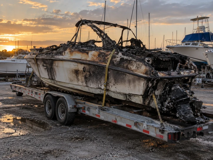 Scorched cruiser with an open burned cabin on a flatbed in a marina yard