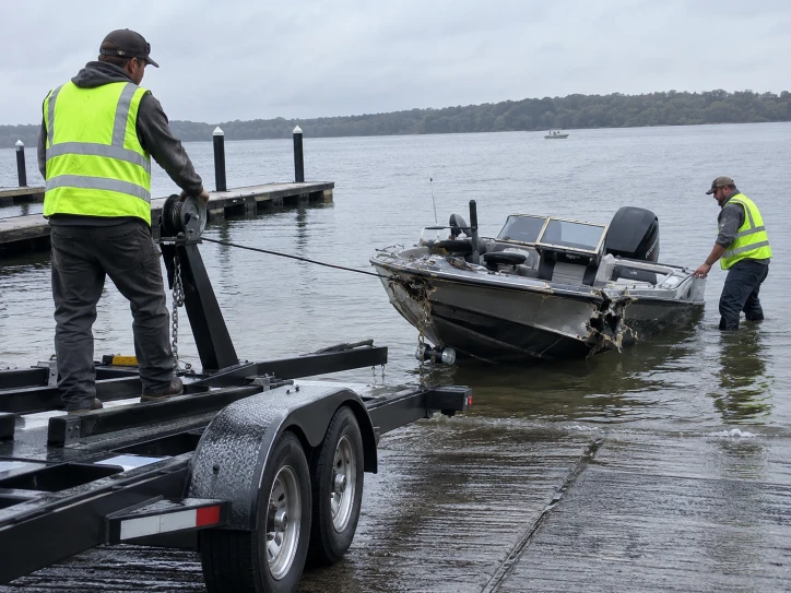 Fishing boat beside an empty trailer with workers standing at the waterline