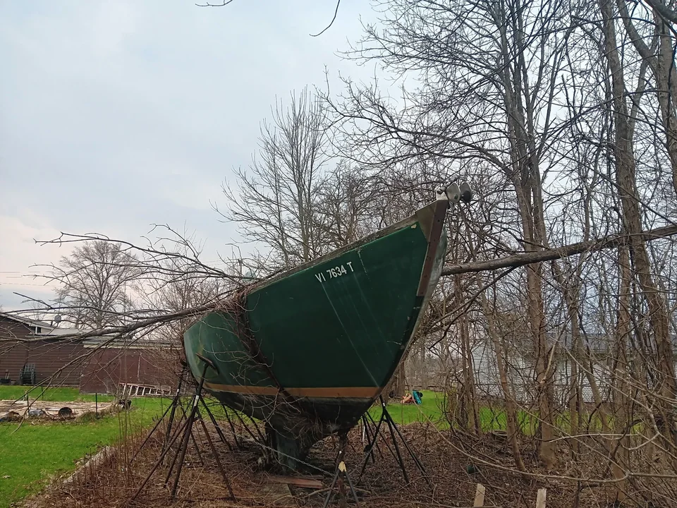 Green boat bow raised above the ground among bare trees