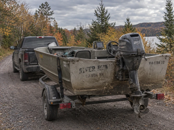 Weathered aluminum boat and outboard on a trailer near autumn trees