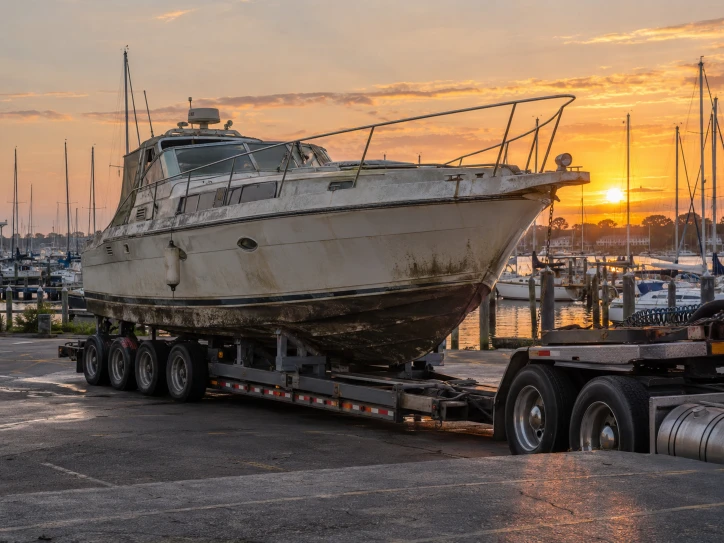 Large white cruiser on a flatbed beside sailboat masts in the evening light