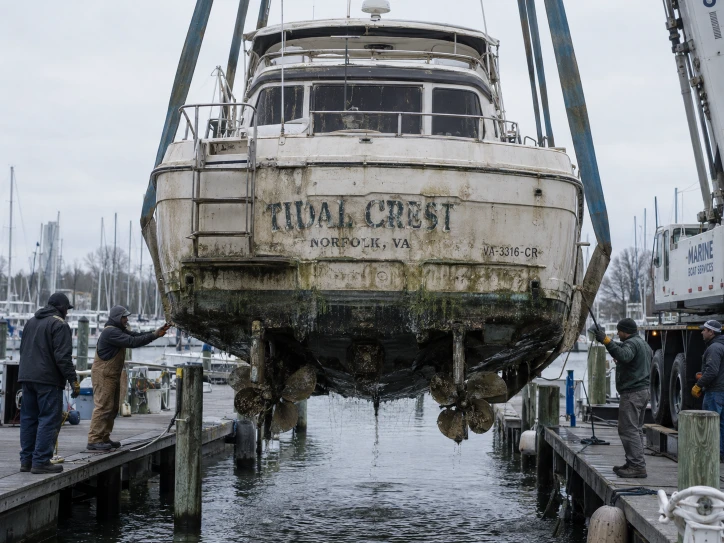 Twin-propeller motor yacht suspended over water between two dock walkways