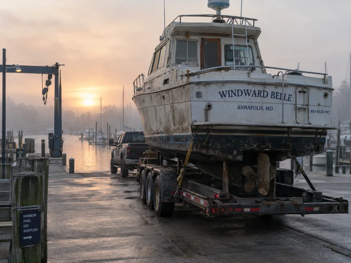 Weathered motor yacht viewed from the stern on a flatbed beside marina pilings