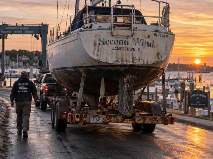 Weathered sailboat stern and exposed keel above a trailer on wet marina pavement