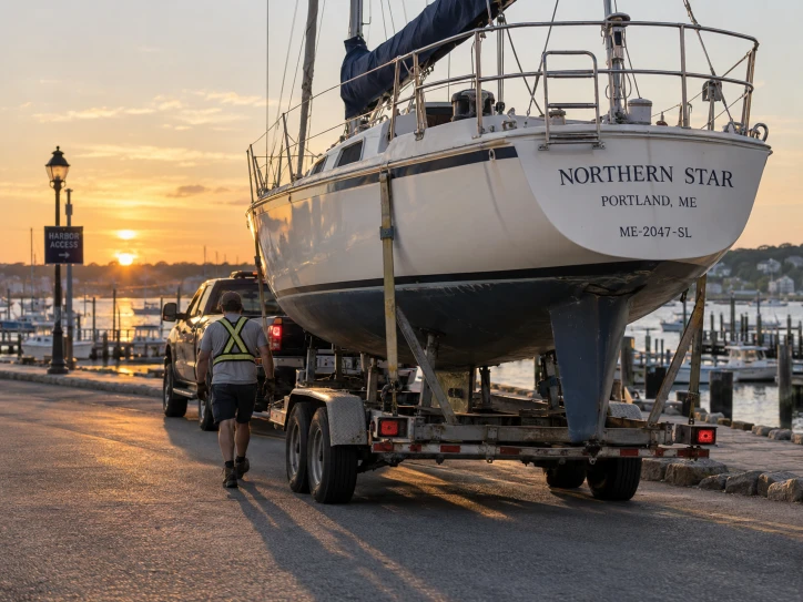 White sailboat with a dark lower hull on a trailer along a waterfront road at sunset