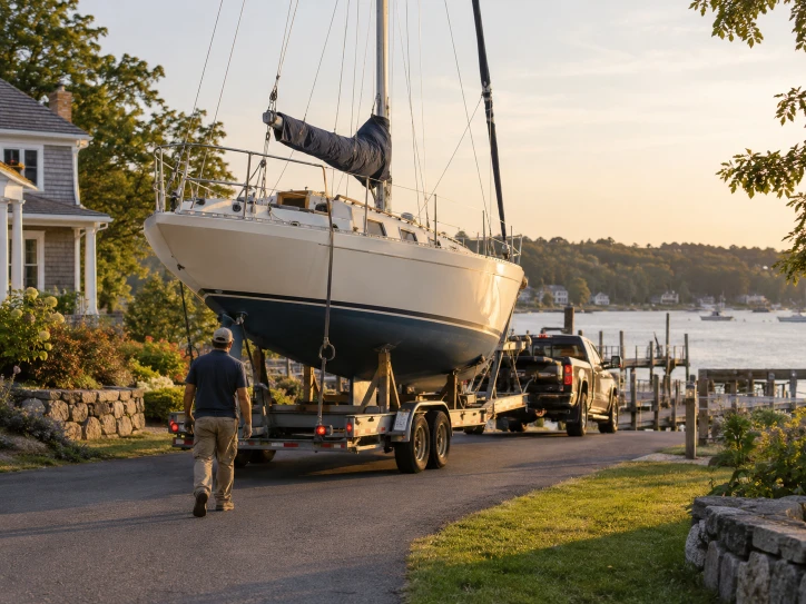 Masted white sailboat carried on a trailer past houses beside the water