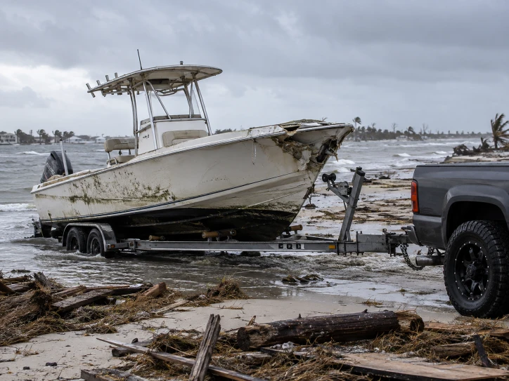 Center-console boat with a damaged bow on a trailer at a debris-covered shoreline