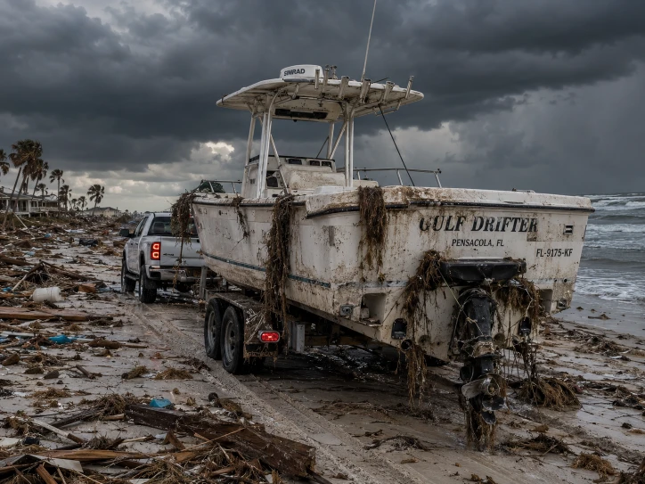 Outboard fishing boat on a trailer amid broken branches under dark coastal clouds