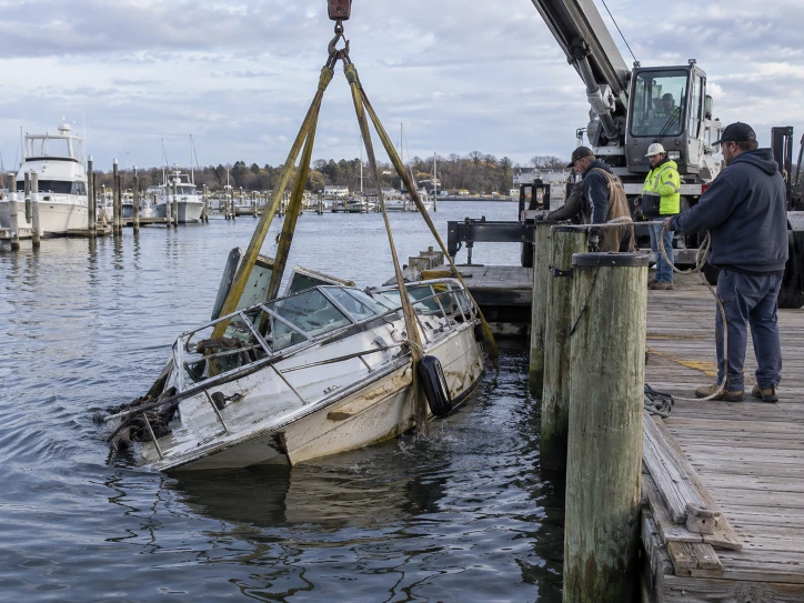 Partly submerged cabin boat tilted in lifting straps alongside a wooden dock