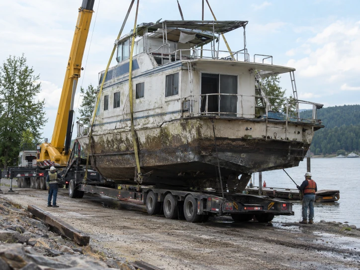 Houseboat with a damaged upper roof held above a flatbed by a yellow crane