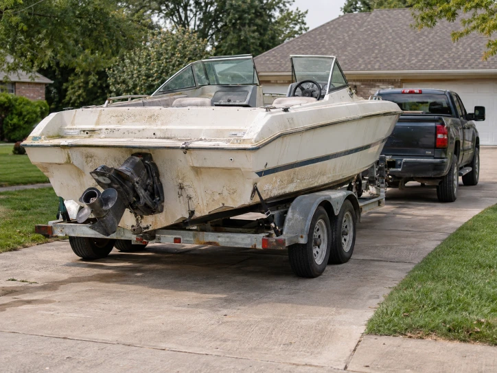 White runabout on a tandem trailer behind a pickup in a residential driveway