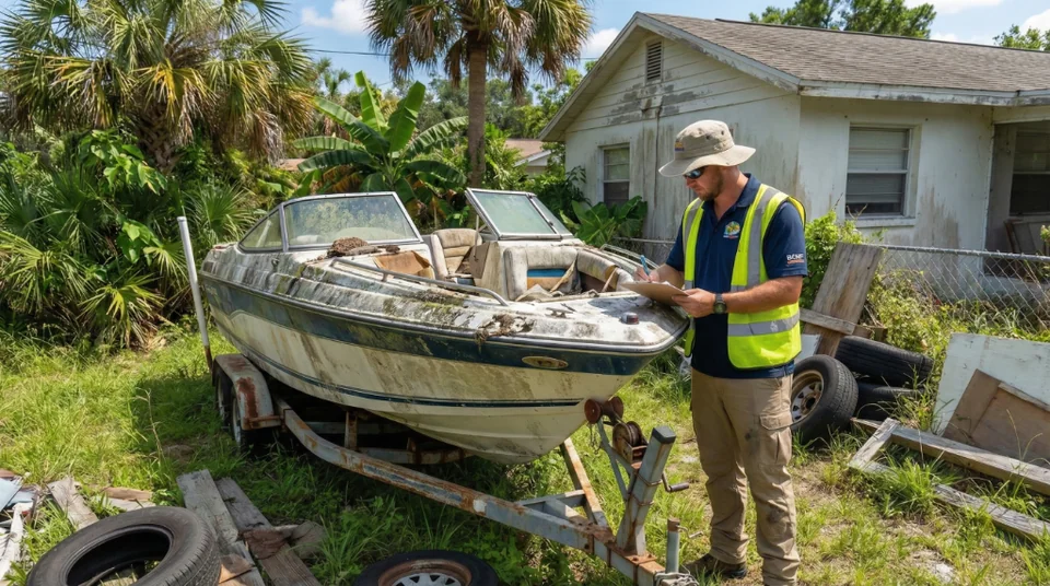 Worker in a high-visibility vest checking an older boat hull